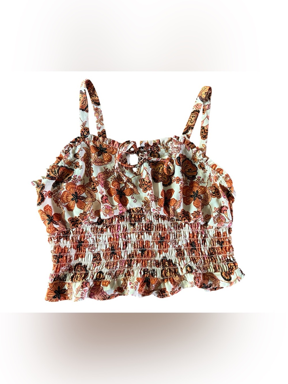 Sienna Sky Boho Smocked Butterfly Floral Crop Tank Tie Front Size L